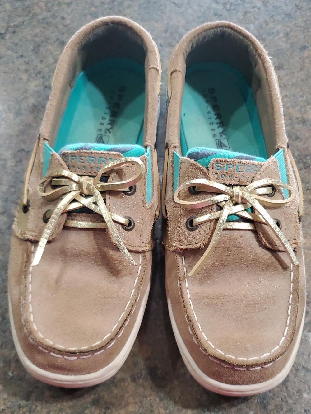 Sperry Women's Tan Suede Moccasins with Teal Lining and Gold Laces